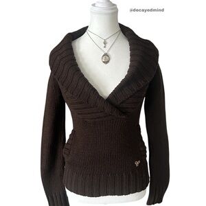 Y2K “TNA” Brown Lambswool Cable Knit Collar Wrap Sweater